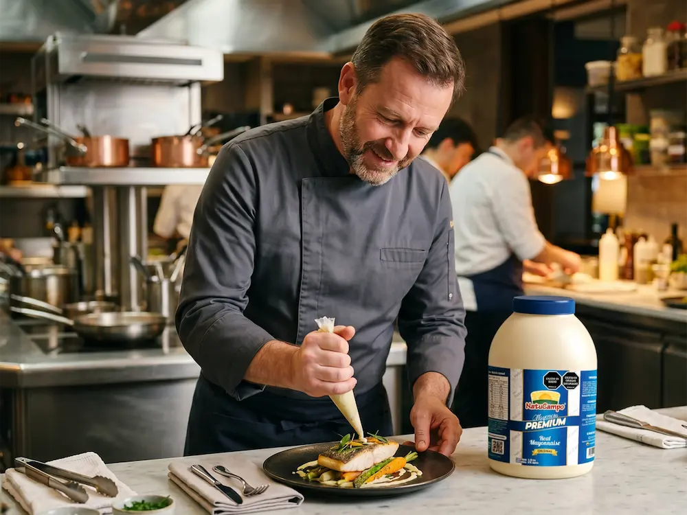 Chef usando productos NatuCampo en cocina profesional